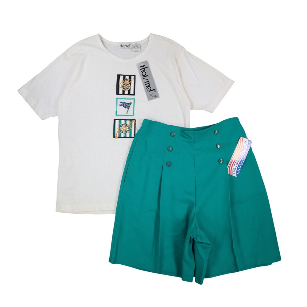 That's Me! Vintage 90s Nautical Short Set Womens M 9/10 Teal Green Deadstock NWT